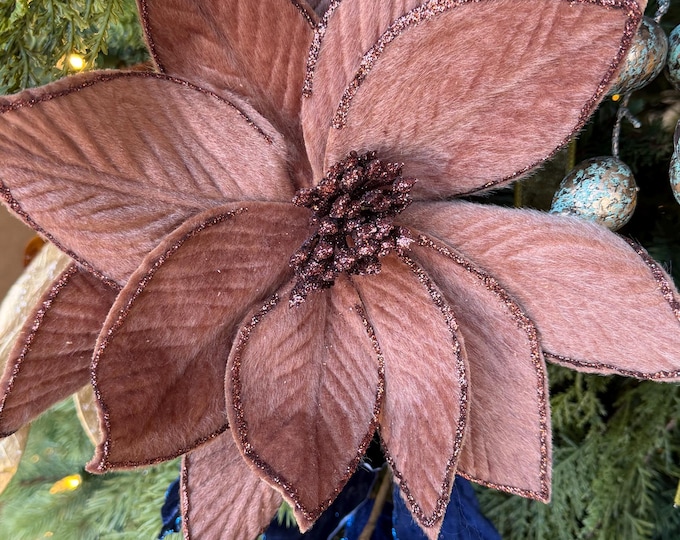 20" Brown Velvet Poinsettia Stem with Glittered Edges, Woodland Christmas Floral