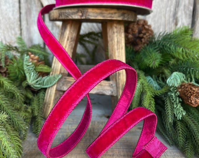 3/4" Hot Pink Velvet Luster Wired Ribbon, Farrisilk Ribbon, Velvet Ribbon, Pink Velvet Ribbon, Christmas Ribbon, Wired Ribbon, Holiday Decor