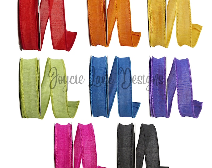 7/8" Wired Ribbon, Dupioni Ribbon, Narrow Ribbon, Wreath Supply, Hot Pink, Red, Yellow, Orange, Blue, Black, Purple, Moss, Wired Ribbon