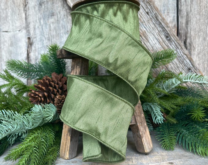 2.5" Dark Moss Green Ribbon, Wired RIbbon, Spring  RIbbon, Olive Green RIbbon, Green Ribbon, Christmas Tree Ribbon, Dupioni Ribbon