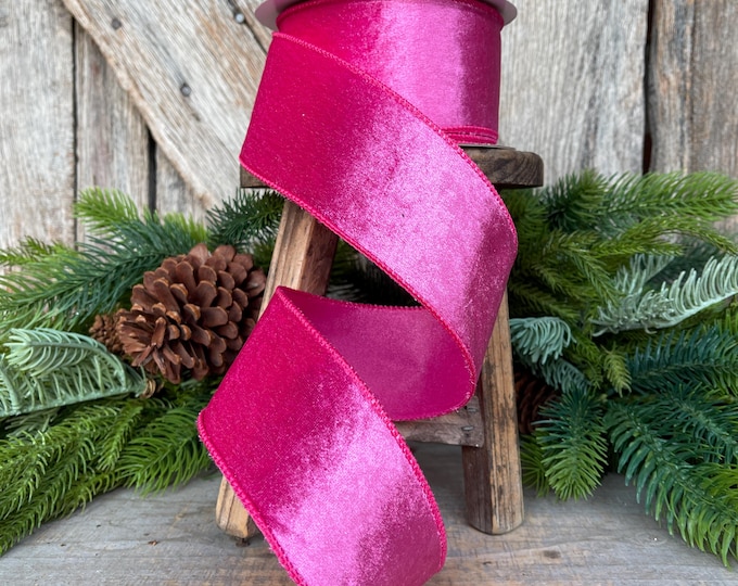 2.5 Hot pink Velveteen ribbon, wired ribbon, 2.5 inch ribbon, hot pink ribbon, Christmas ribbon, spring ribbon