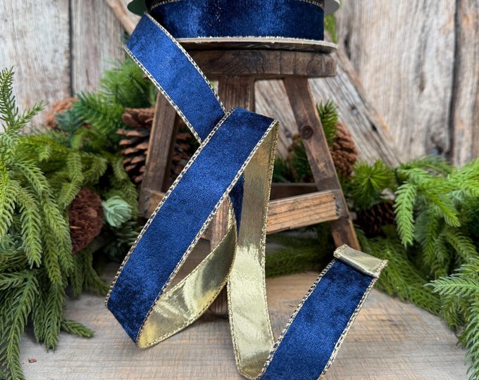 1" Navy Blue Velet ribbon with metallic gold backing