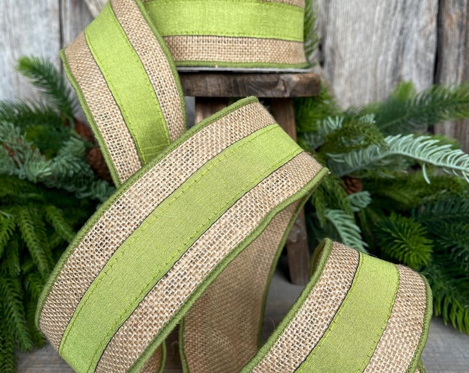 2.5" Green Burlap Border Ribbon, Farrisilk Ribbon, Wired Ribbon, Fall Ribbon, Olive Green Ribbon, Moss Green Ribbon, Burlap Ribbon, SR094-61