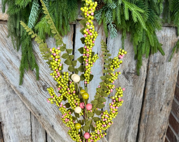 24" Green Pink Berry Spray, Spring Summer Berry Spray, Floral Spray