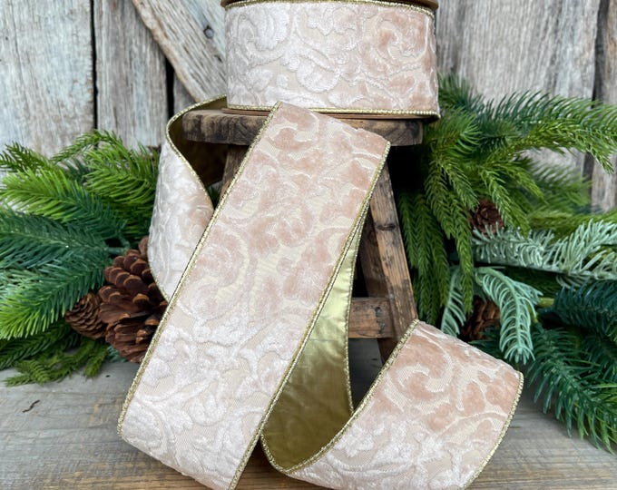 2.5" Ivory Velvet Ribbon, Ivory Ribbon, Embossed Velvet Ribbon, Christmas Ribbon, 2.5 x 10yds