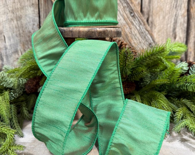 2.5" Emerald Green Dupioni Ribbon, Green Christmas ribbon