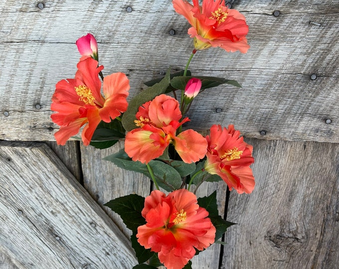 28" Orange Hibiscus Stem, Artificial Stem, Hibiscus Spray, Summer Floral Stems, Wedding Bouquet, 63339OR, orange Summer Floral