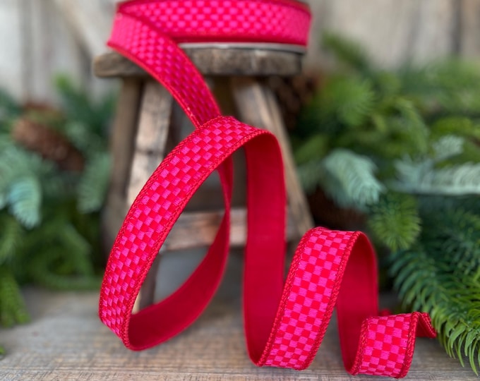 1" Hot Pink Red Ribbon, Farrisilk Ribbon, Kitschy Checks Ribbon, Wired Ribbon, Pink Red Christmas Ribbon, RK848-15