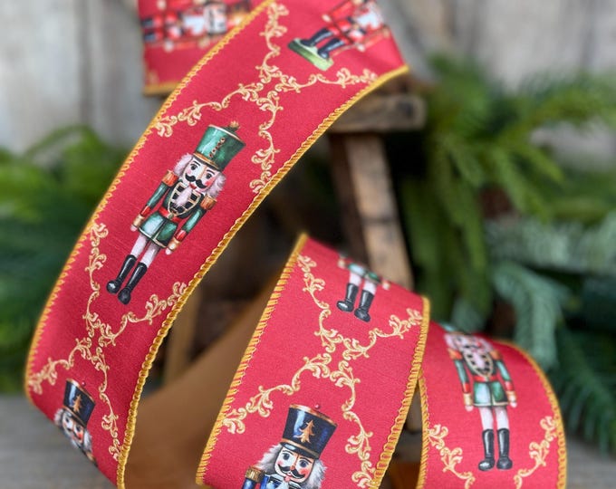 2.5" Red Nutcracker Ribbon, Red Gold Christmas Ribbon, Ribbon for Tree