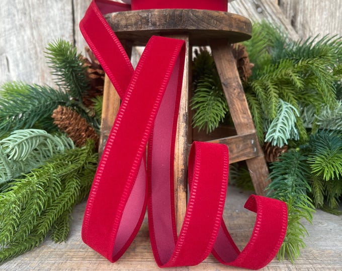 7/8" Red Velvet Ribbon, Deep Red Ribbon, Flocked Ribbon, Narrow Ribbon, Christmas Ribbon, Gift Wrap Ribbon