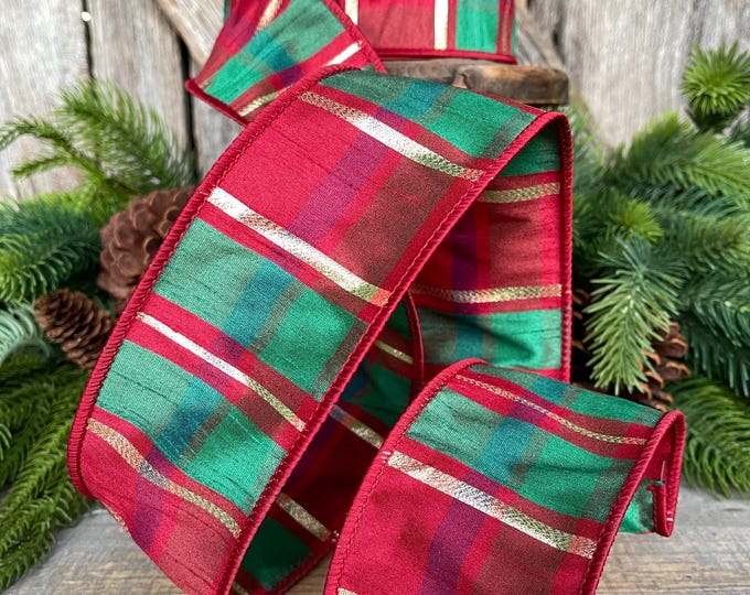 2.5" Christmas Plaid Ribbon, Red Green Gold Plaid Ribbon, Traditional Christmas Ribbon, Wired RIbbon, Classic Christmas Plaid Ribbon