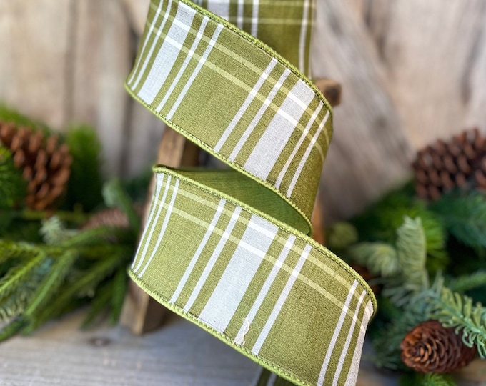 2.5" Green Moss Christmas Plaid, Woodsy Christmas Ribbon, Christmas Plaid Ribbon, Moss and Gold Plaid, Wired Ribbon, Green Plaid Ribbon