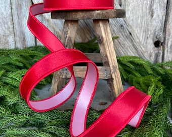 1" Red Pink Satin Duo Ribbon, Farrisilk Ribbon, Christmas Ribbon, Double Sided Ribbon, Wired RIbbon, Designer Ribbon, RS162-02