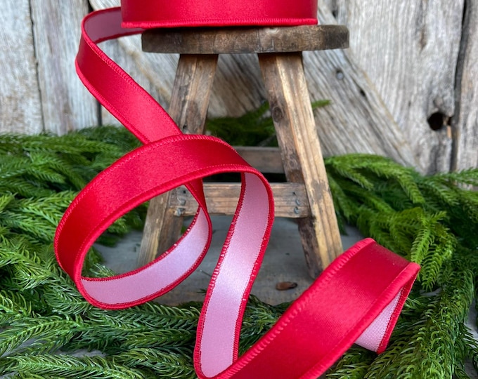 1" Red Pink Satin Duo Ribbon, Farrisilk Ribbon, Christmas Ribbon, Double Sided Ribbon, Wired RIbbon, Designer Ribbon, RS162-02