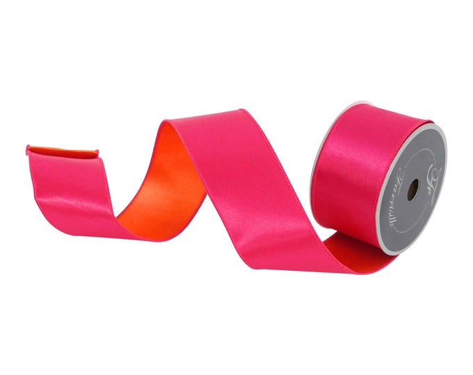 2.5" Pink Orange Satin Ribbon, Farrisilk Ribbon, Wired Ribbon, Pink Ribbon, Pink Orange Ribbon, Double Sided Ribbon, Christmas, RS163-52