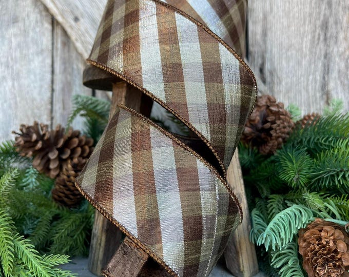 2.5" Platinum Bronze Metallic Checks, Farrisilk Ribbon, Fall Ribbon, Woodsy Ribbon, Woodsy Christmas, Brown RIbbon, Platinum Brown, RG557-51
