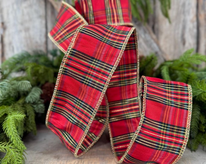 2.5” Red Metallic Plaid Wired Ribbon, Christmas Tartan, 10 Yard Roll