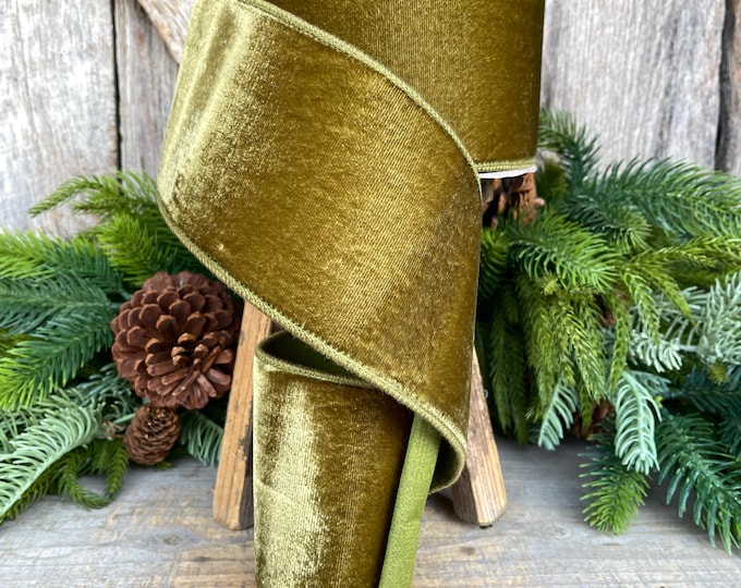 4" Olive Green Velvet Ribbon, Farrisilk Ribbon, Wired Ribbon, Christmas Ribbon, Moss Green Ribbon