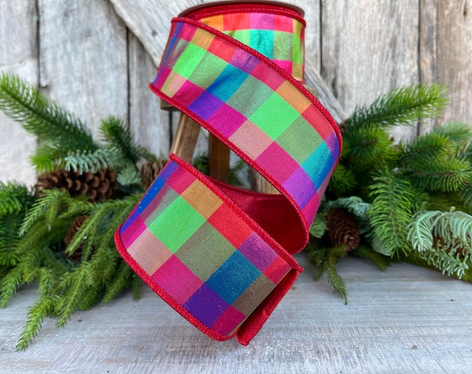 2.5" Color Checks Christmas RIbbon, Farrisilk Ribbon, Designer Ribbon, Red Metallic Checks Ribbon, Wired Ribbon, CHristmas Tree Ribbon, Red