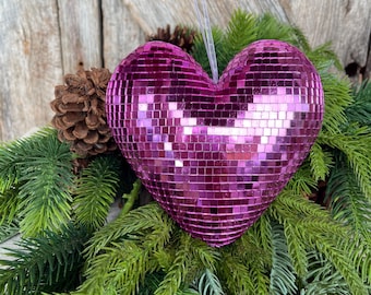 6" Pink Disco Heart Ornament, Pink Heart Ornament, Disco Heart, Wreath Attachment, Christmas Ornament, Pink Christmas