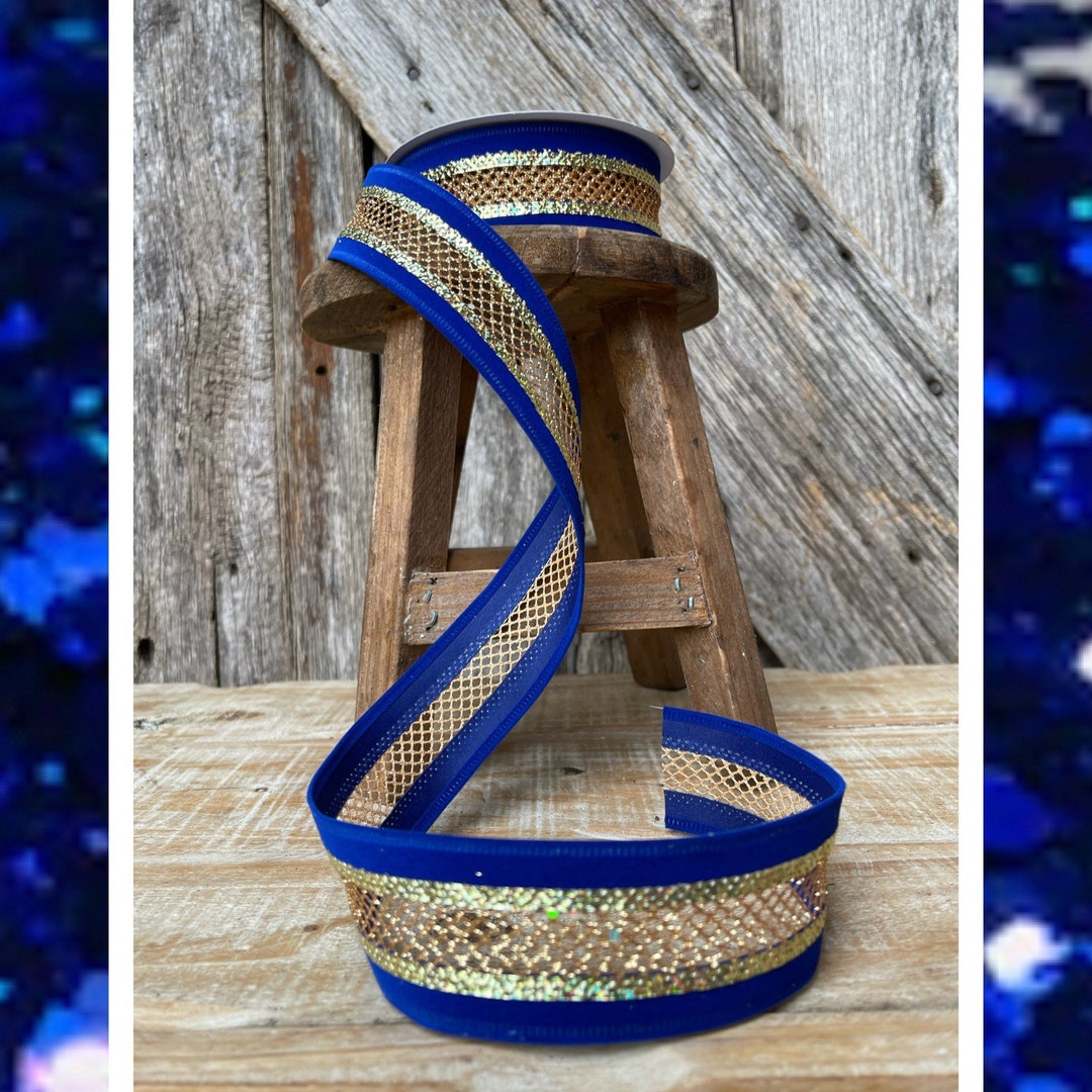 Blue Ribbon, Blue Gold Ribbon, Christmas Ribbon, Luxury Ribbon, Flocked