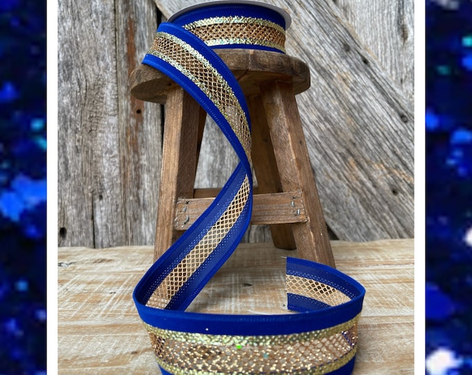 Blue ribbon, blue gold ribbon, Christmas ribbon, luxury ribbon, flocked ribbon, wired ribbon, 1.5 inch ribbon