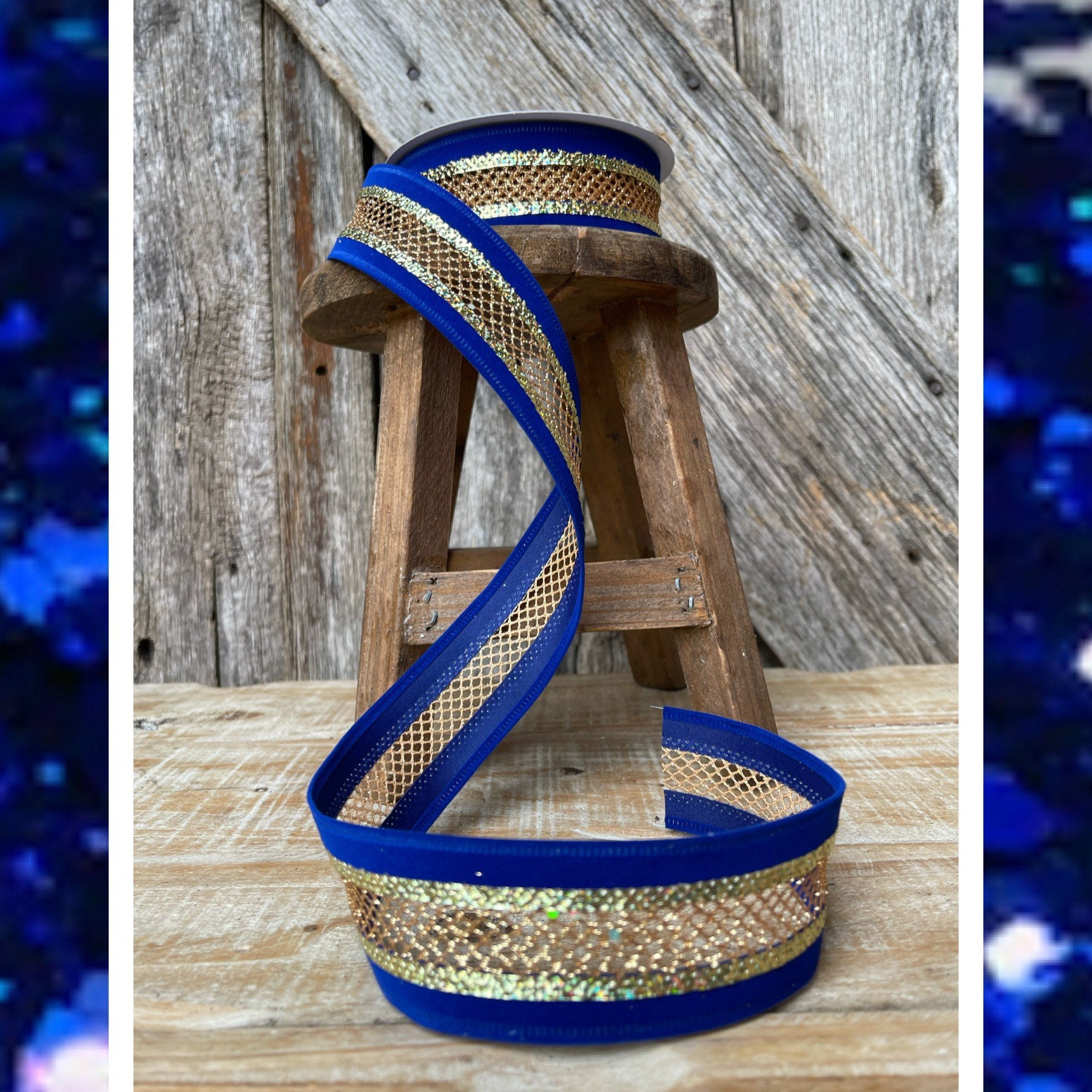 Blue ribbon, blue gold ribbon, Christmas ribbon, luxury ribbon, flocked  ribbon, wired ribbon, 1.5 inch ribbon