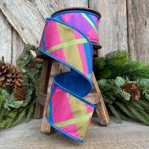 2.5 Blue Spring Plaid Ribbon, Bright Blue Plaid Ribbon, Spring Plaid Ribbon, Designer RIbbon, Fused Ribbon, Ribbon for Bows