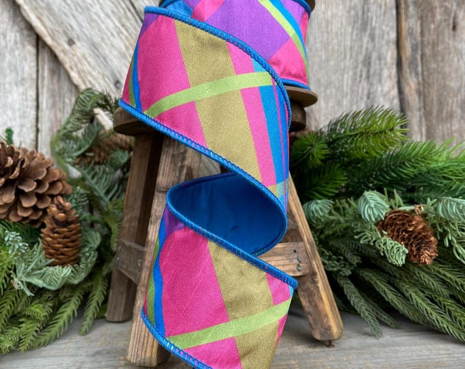 2.5 Blue Spring Plaid Ribbon, Bright Blue Plaid Ribbon, Spring Plaid Ribbon, Designer RIbbon, Fused Ribbon, Ribbon for Bows
