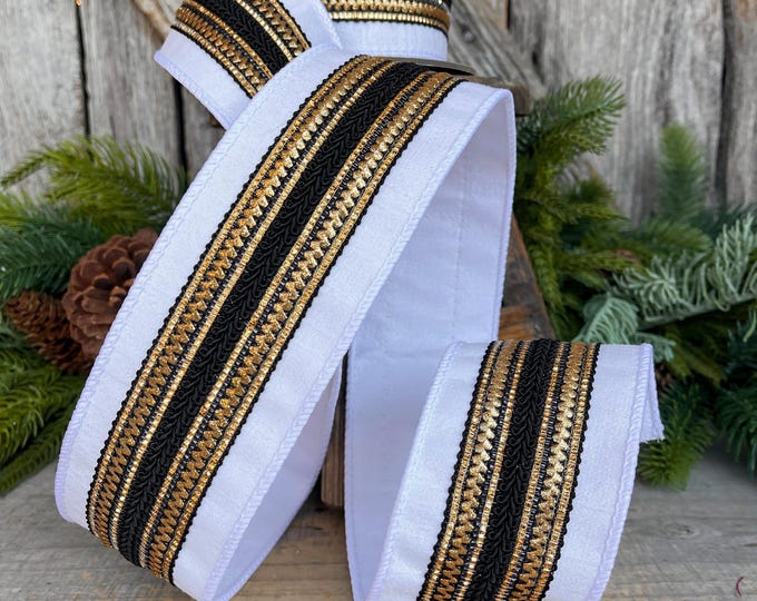 2.5" White Black Gold Ribbon, Christmas Ribbon, Designer Ribbon