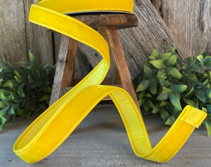 1" yellow Velvet Luster Ribbon, Farrisilk Ribbon, Velvet Ribbon, yellow Velvet Ribbon, yellow Ribbon, Wired Ribbon, holiday Decor
