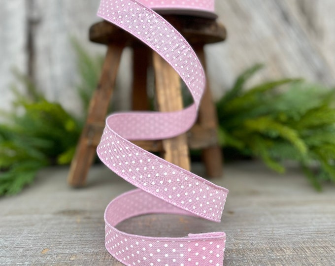 7/8" Pink Ribbon, Light Pink Swiss Dots Ribbon, Narrow RIbbon, Wired Ribbon, Craft Supply, Wreath Supply, Ribbon for Bows, Wreath Ribbon
