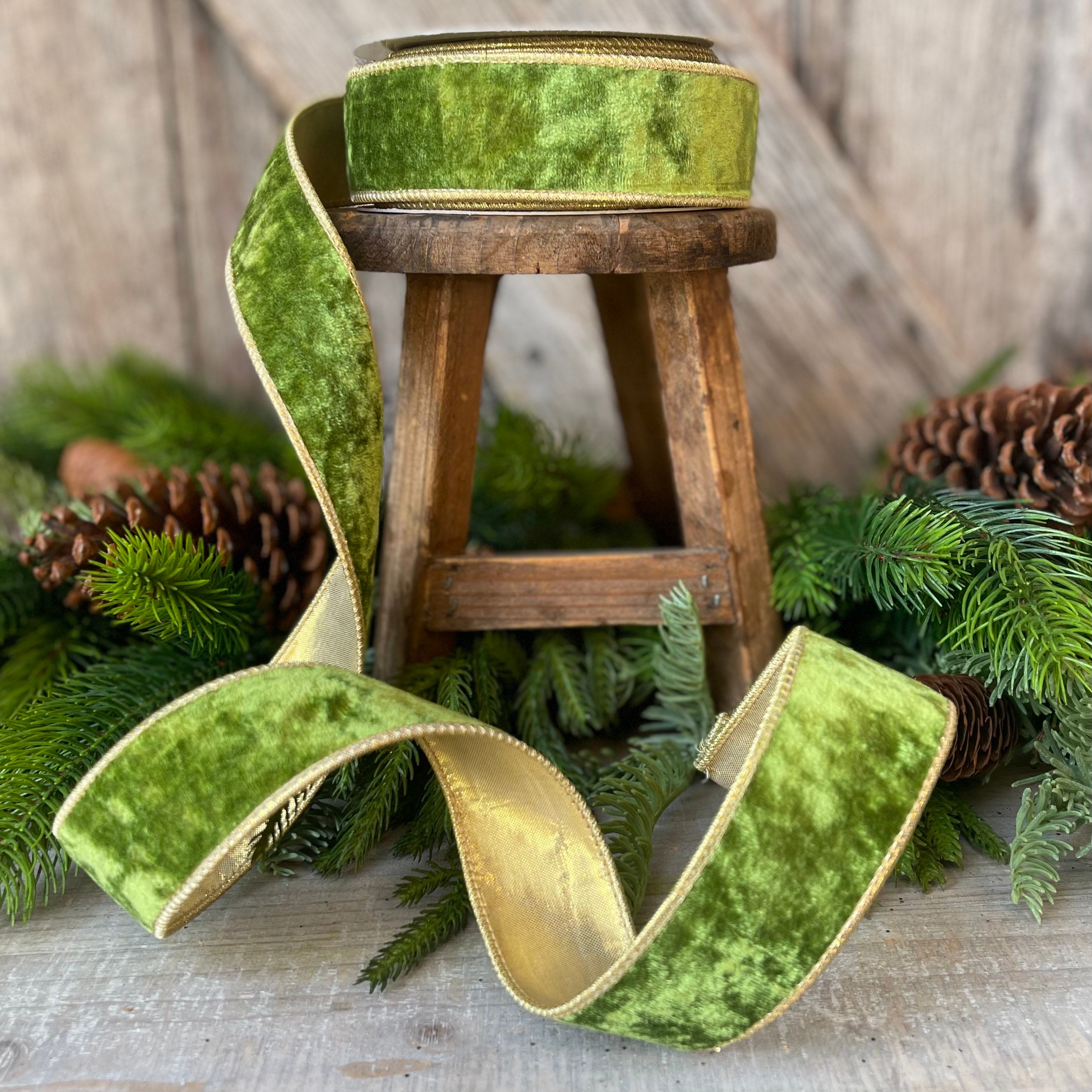 1.5 Moss Green Velvet Ribbon, Wired Velvet Ribbon, Christmas Velvet