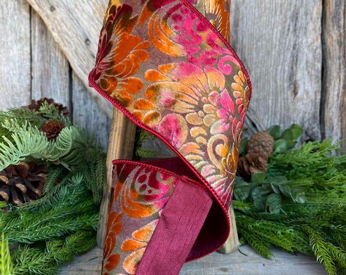 4" Velvet Floral Ribbon, Burgundy Ribbon, Rust Colored, Warm Tones Ribbon, Christmas Tree Ribbon, Velvet Ribbon