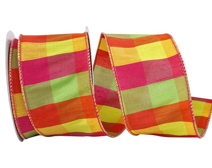 2.5" Pink Yellow Green Plaid Ribbon, Christmas Plaid Ribbon