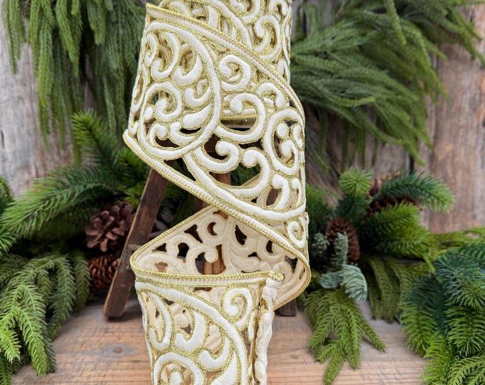 4" Ivory and Gold Embroidered Ribbon