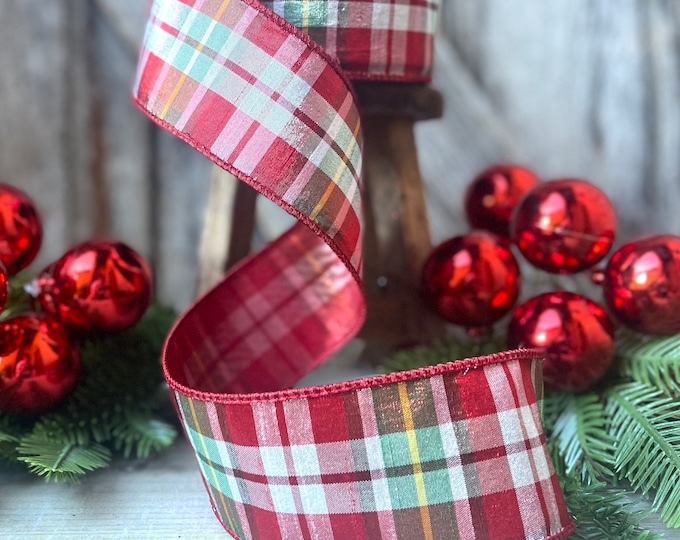 2.5" Christmas Red Green Candy Plaid Ribbon, Farrisilk Ribbon, Christmas Tree Ribbon, Wired Ribbon, Wreath Supply, Ribbon for Christmas Tree