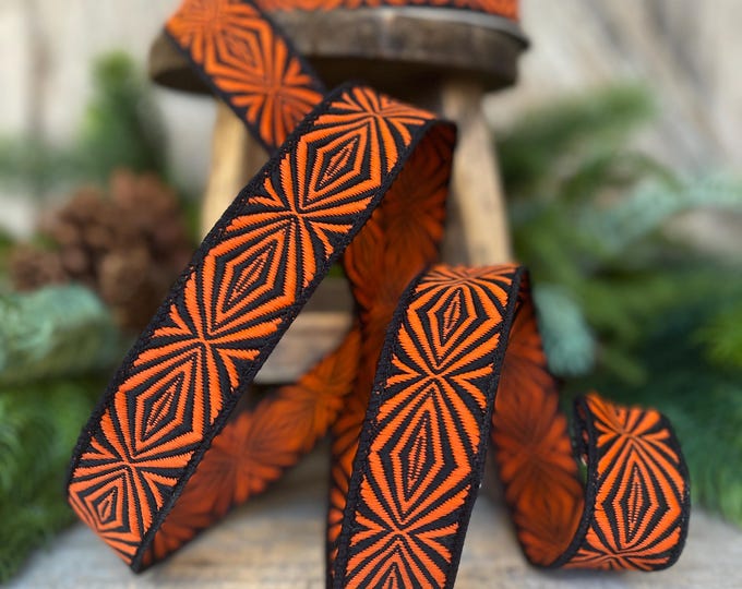 1" Halloween Ribbon, Orange Spider Ribbon, Farrisilk Ribbon, Orange Black Ribbon, Designer Ribbon, HR034-87, Wired Ribbon