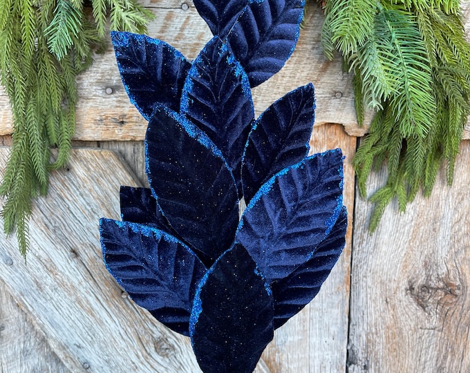 25" Navy Blue Leaf Spray, Blue Velvet Leaf Spray, Christmas Picks Stems, Christmas Tree Picks, 85361NVBL