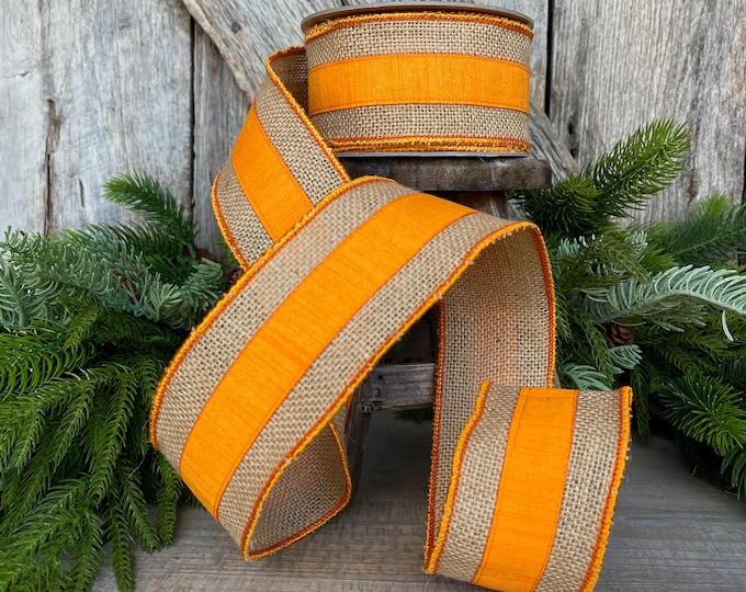 2.5" Orange Burlap Border Ribbon, Farrisilk Ribbon, Wired Ribbon, Fall Ribbon, Orange Ribbon, Halloween,  Burlap Ribbon, SR094-52