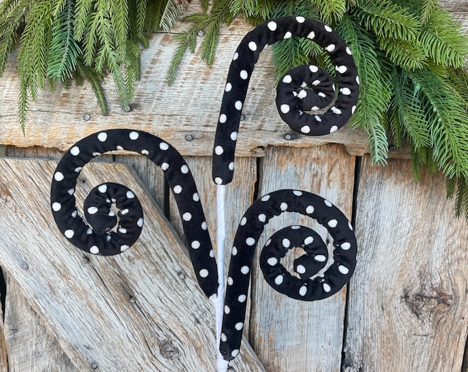 27" Black White Polka Dot Spray, Velvet Halloween Spray, Floral Spray, Curly Spray, Black White Spray, 62376BKWT
