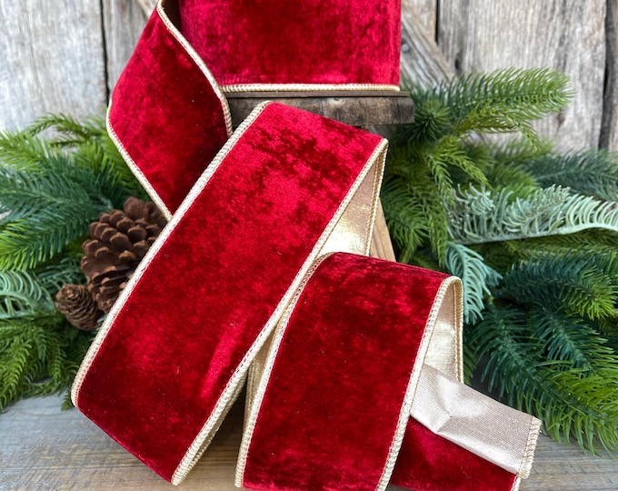 Red & Gold Velvet Wired Christmas Ribbon - 2.5" x 10 Yards