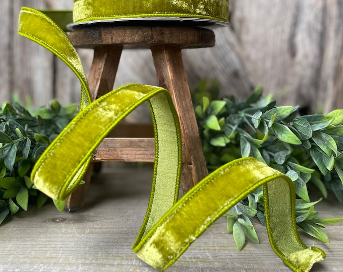 1" Lime Green Velvet Ribbon, Farrisilk Ribbon, Christmas Velvet Ribbon, Moss Velvet Ribbon, Moss Ribbon, Moss Green Velvet Ribbon