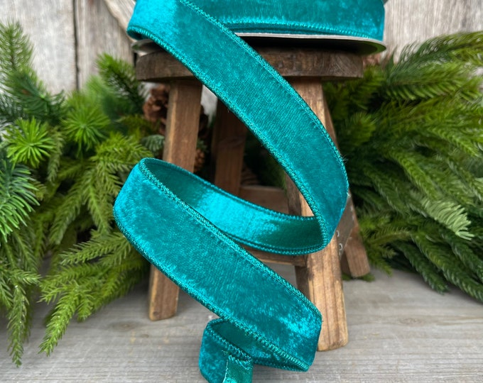 1" Teal Velvet Luster RIbbon, Farrisilk Ribbon, Velvet RIbbon, Wired RIbbon, Designer RIbbon, Velvet Ribbon, Spring Velvet, Teal, RV001-18