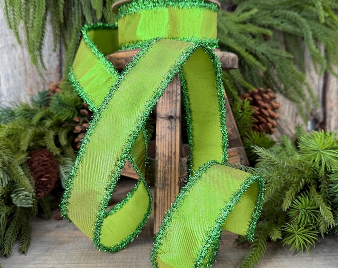1.5" Metallic Lime Green Dupioni Wired Ribbon with Tinsel Edge, 10 Yard Roll