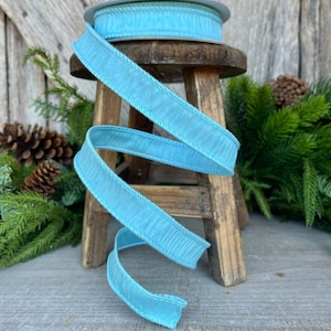7/8&quot; Aqua Blue Dupioni Ribbon, Wired Ribbon, Narrow Ribbon, Skinny Ribbon, Ribbon for Bows, Blue Ribbon, Dupioni Ribbon,Chistmas Ribbon