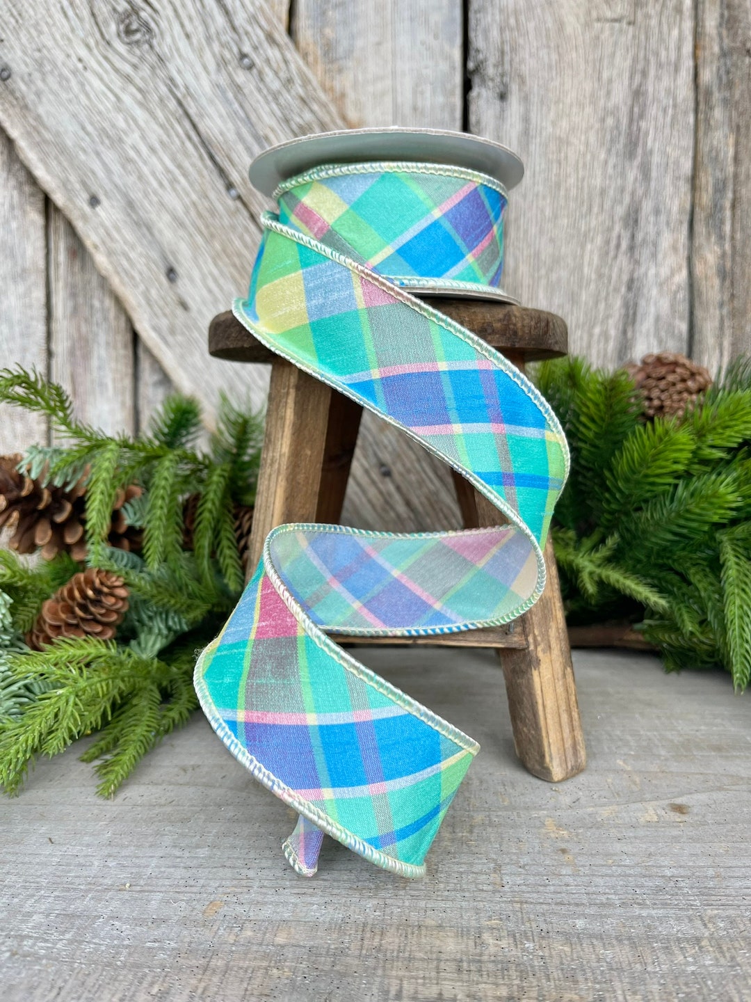 1.5 Pastel Plaid Wired Ribbon, Spring Ribbon, Summer Ribbon, Celadon ...