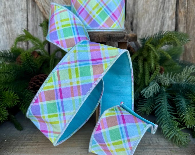 2.5" Blue Pastel Plaid Wired RIbbon, Spring Ribbon, Summer RIbbon