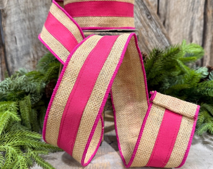 2.5" Hot Pink Burlap Border Ribbon, Farrisilk Ribbon