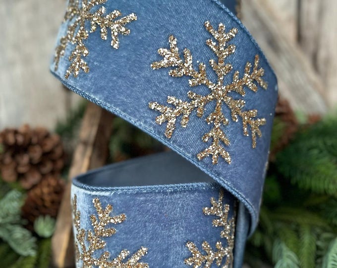 4" Steel Blue Wired Velvet RIbbon, GLitter Snowflake RIbbon, Farrisilk Ribbon, Steel Blue Glitter Snowflake Velvet Ribbon,RG052-17